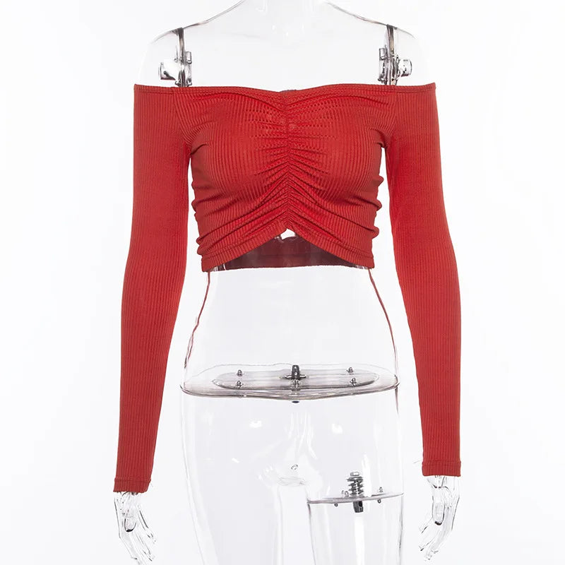 women T-shirts sexy and club fashion female T-shirt long sleeve off shoulder solid color lady Tshirt autumn basic tees