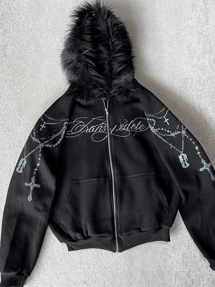 Winter Fashion Streetwear Women's Gothic Punk Faux Fur Hooded Jacket With Cross Print Trendy Edgy Zip - Up Sweatshirt 2026 New