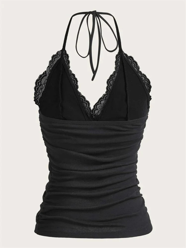 Goth Grunge Punk Black Lace Patchwork Halter Top Women Summer Solid Ruched Backless Sleeveless Tank Top Streetwear Y2K Clothes