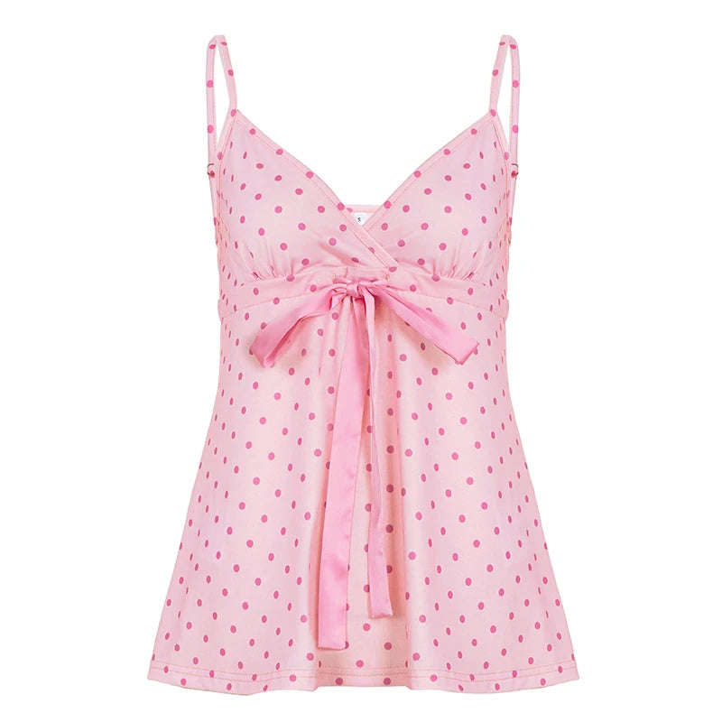 SUCHCUTE Chic Sweet Cute Polka Dot Print Bow Lace-up Camisole Women V Neck Sleeveless Crop Top Y2k Streetwear Slim Tanks Summer