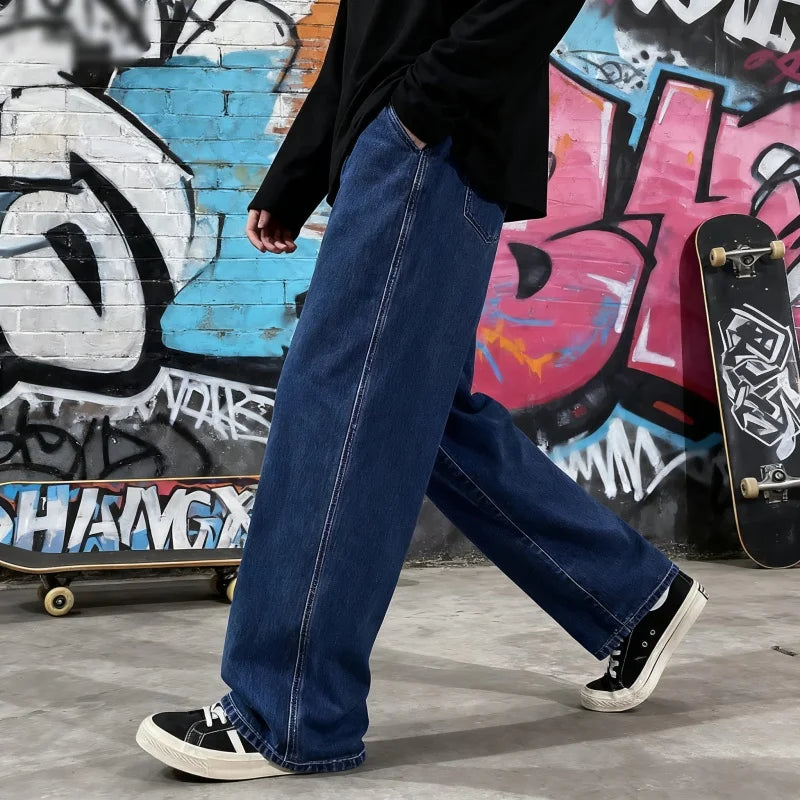 Light Wash Men's Drawstring Jeans Loose Straight Leg Floor-Length Trendy Casual Wide Leg Long Trousers Comfortable Fit