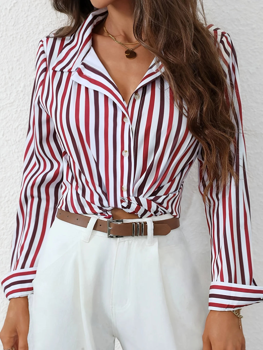 Women's Red & White Striped Button Down Shirt Long Sleeve Casual Blouse