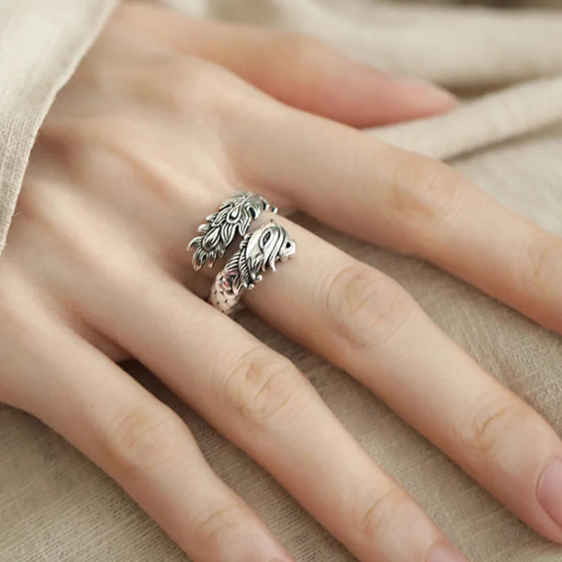 VENTFILLE 925 Sterling Silver Rings INS Fashion Hip Hop Vintage Couples Hollow Lines Punk Thai Silver Party Adjustable  Jewelry