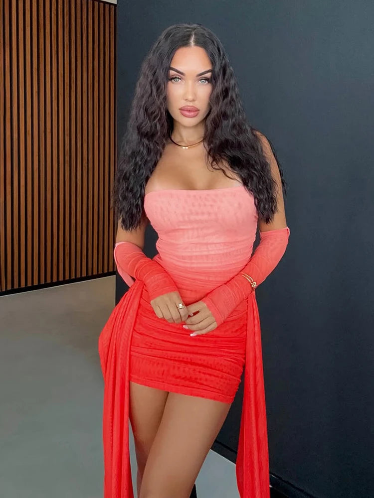 kliou Mesh Simple Women Mini Dress Fashion Solid Strapless Ribbons Tassel Body-shaping Vestidos+Seperately Full Sleeve Gloves