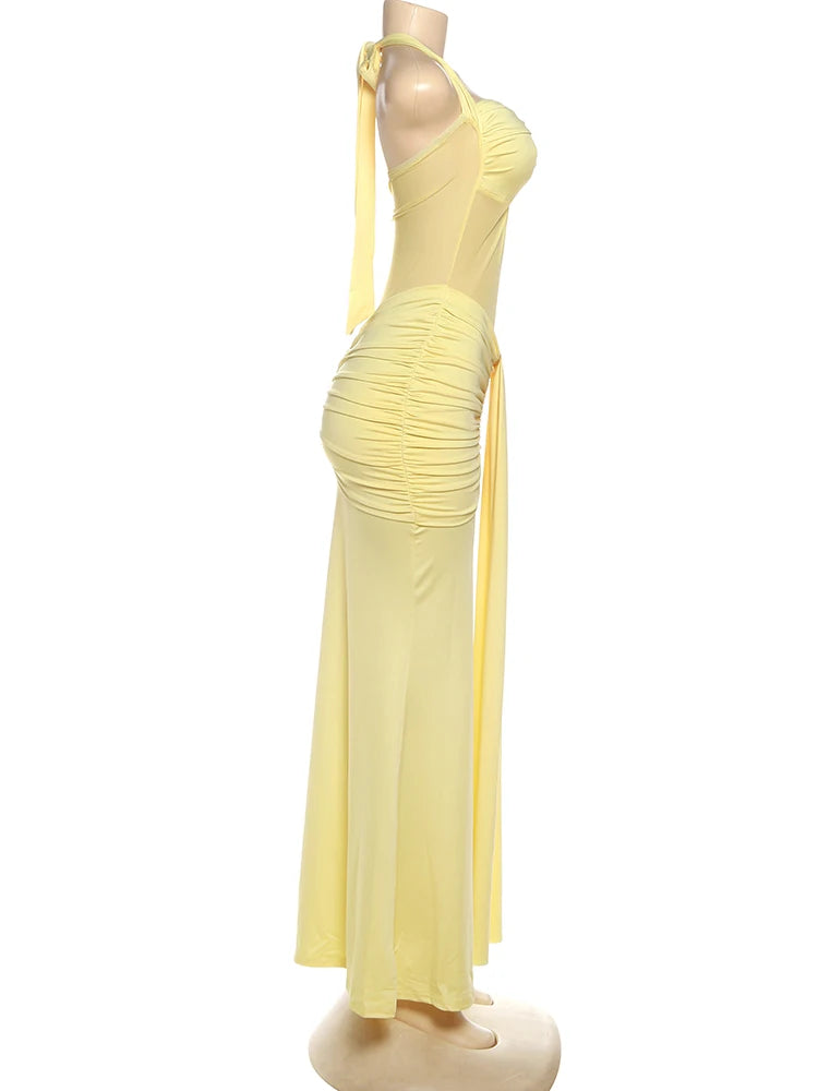 kliou Patchwork Elegant Women Maxi Dress Classic Sexy Sheer Ribbons Halter Backless Bodycon Female Trend Festival Evening Wear