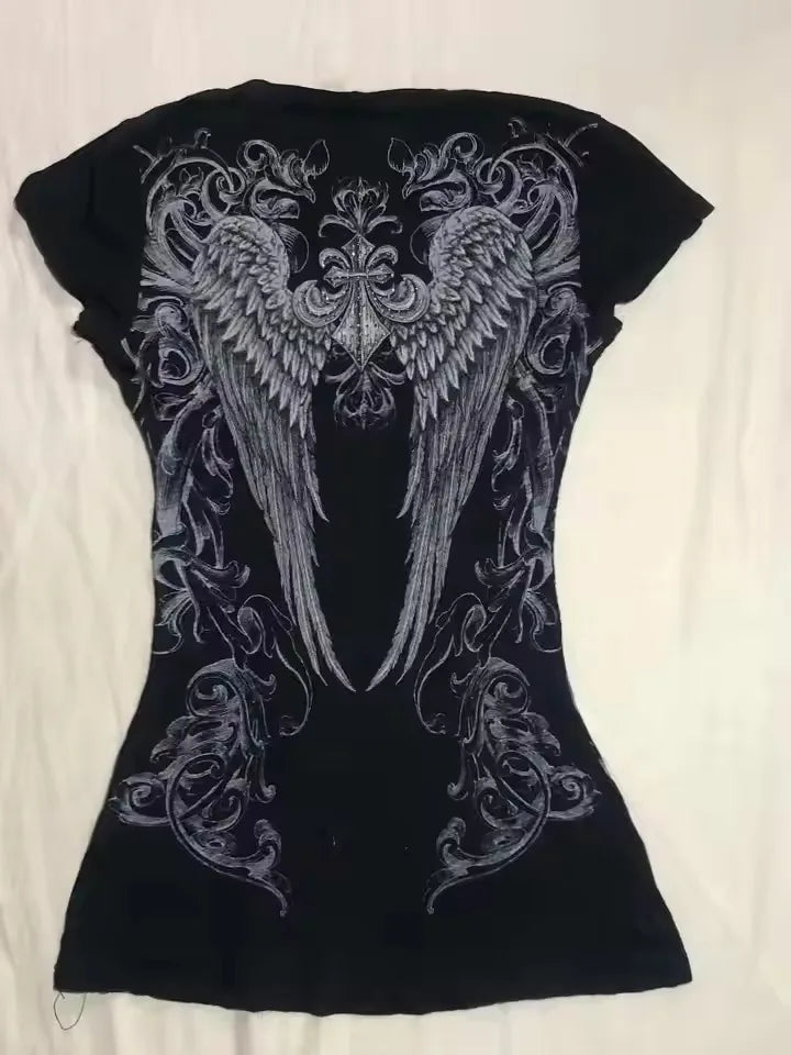 2026 European and American style Y2K slim-fitting short-sleeved printed top T-shirt, fashionable and retro women's clothing for