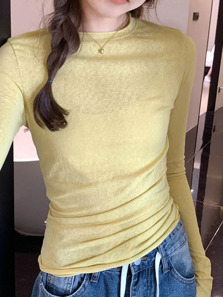 2025 Spring/Summer T-shirt Women's Top Solid Color Slimming Long Sleeve Round Neck T-shirt Women's Casual T-shirt Street Wear