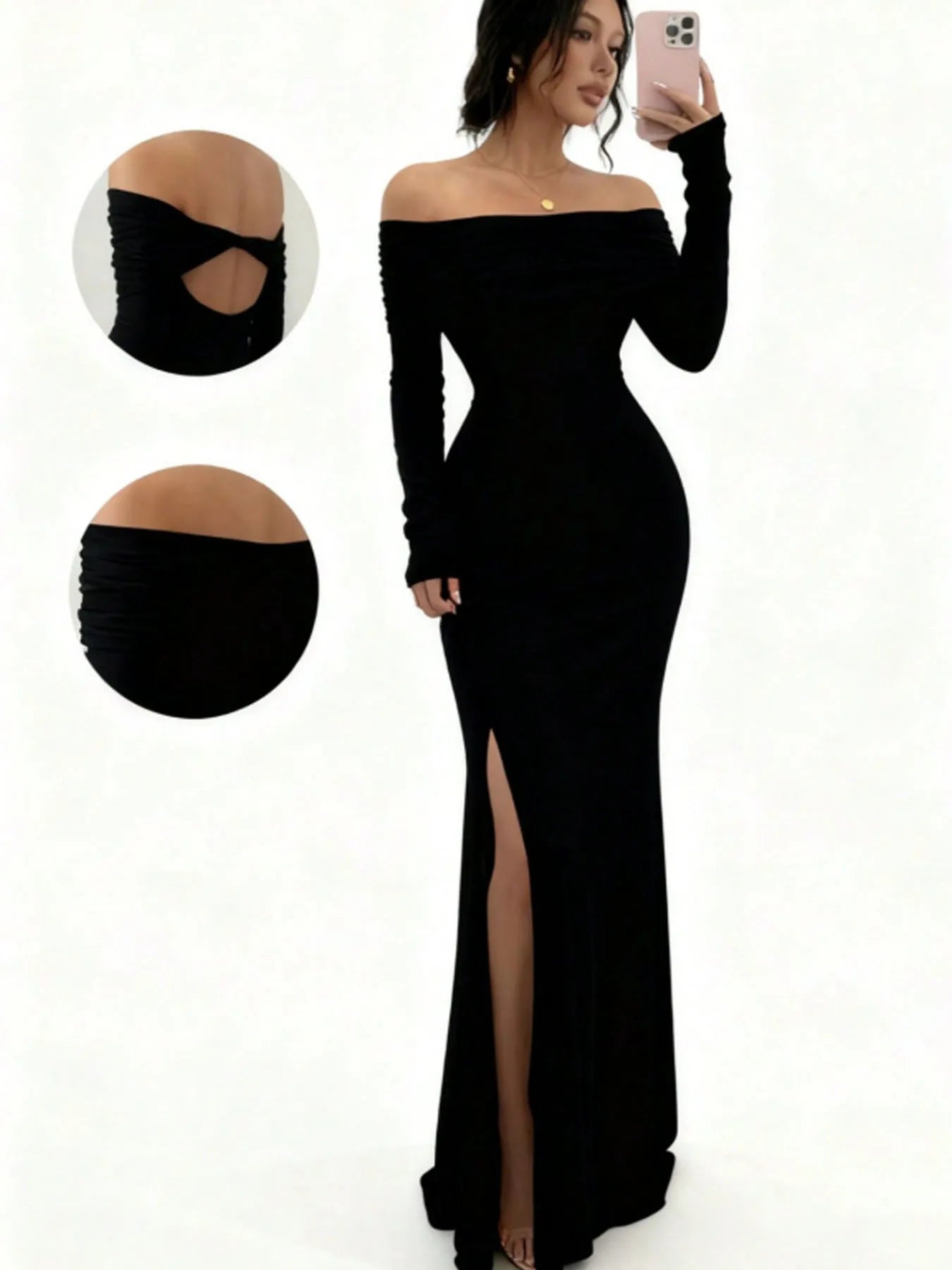 Women's Off-Shoulder Bodycon Dress - Long Sleeve High Slit Bandage Dress, Chic Figure-Hugging Midi