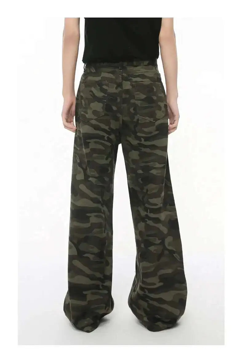 IEFB Vintage Camouflage Men's Jeans Fashion Washed Casual Wide Leg Denim Pants Autumn Winter Loose Male Trousers Old Blue 9C354