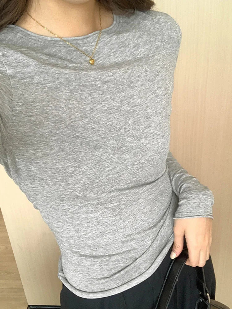 2025 Spring/Summer T-shirt Women's Top Solid Color Slimming Long Sleeve Round Neck T-shirt Women's Casual T-shirt Street Wear