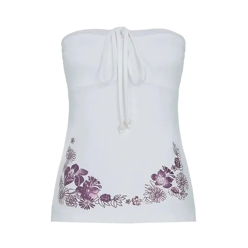 Summer vacation style women's strapless camisole top with bow tie and lace up print, fashionable strapless vest