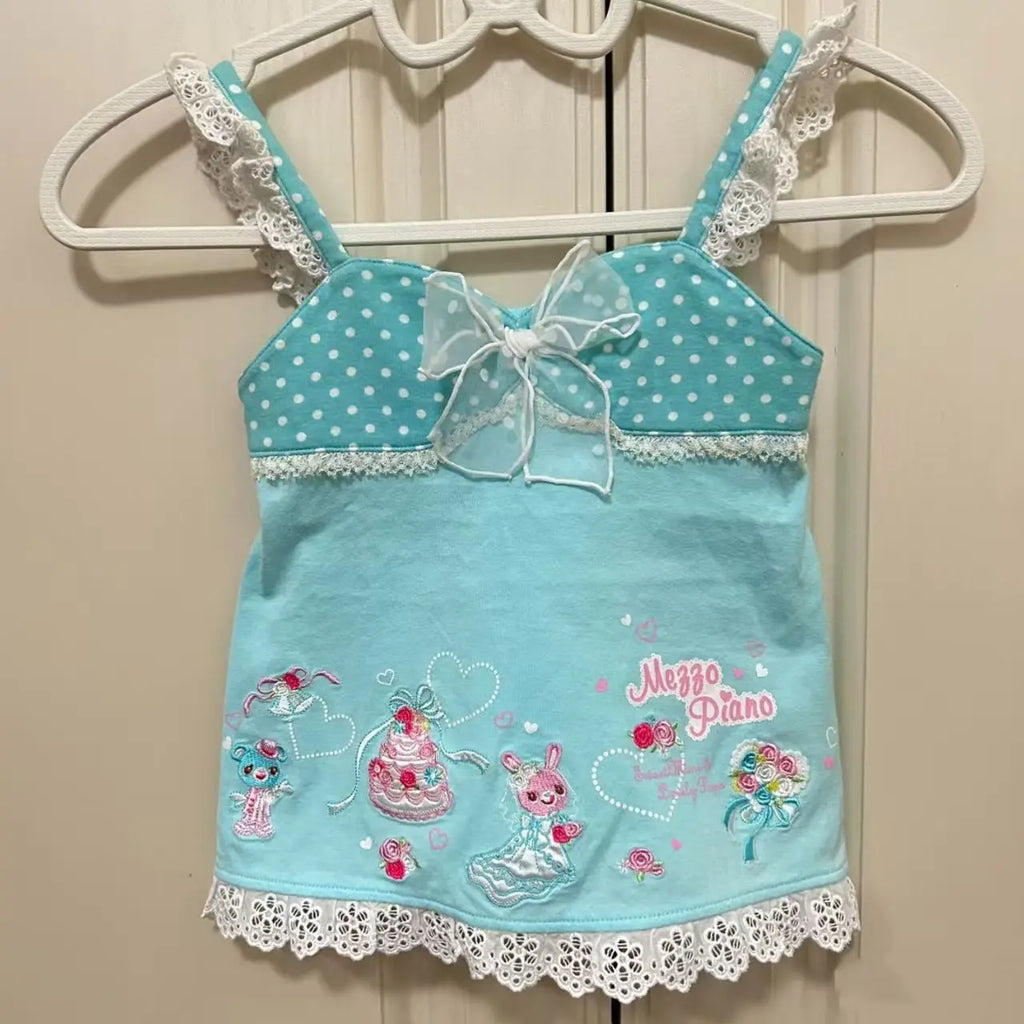 Summer Japanese Subculture Kawaii Cartoon Printed Halter Vest Bow Lace Stitching Tanks Tops Women's Slim-fit Cute Sweet Camisole