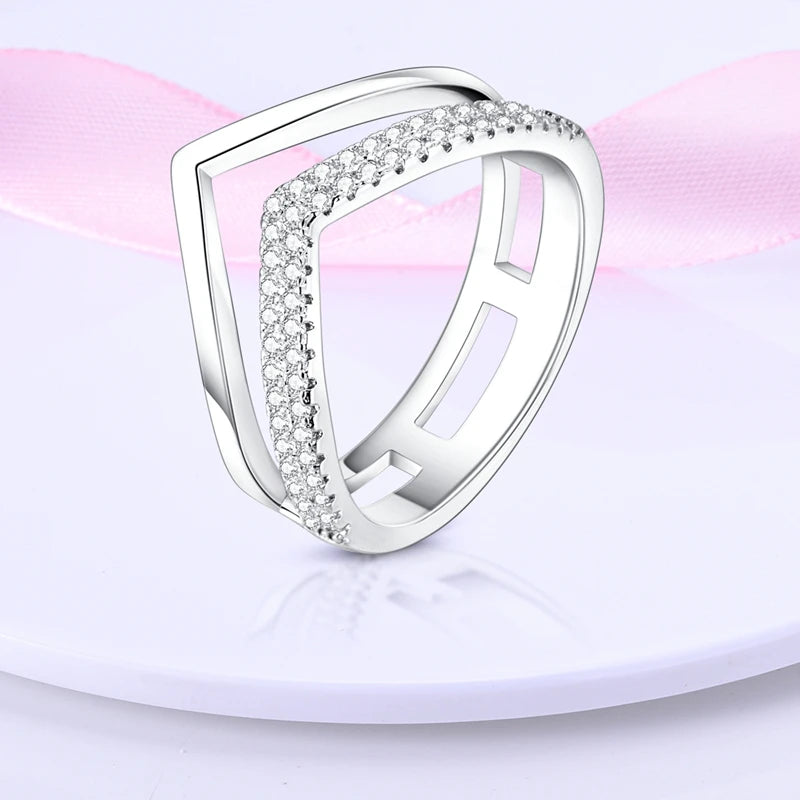 Women Silver Finger Rings for Women Original 925 Sterling Silver Cocktail Ring Geometric Cubic Zircon Heart Wedding Jewelry