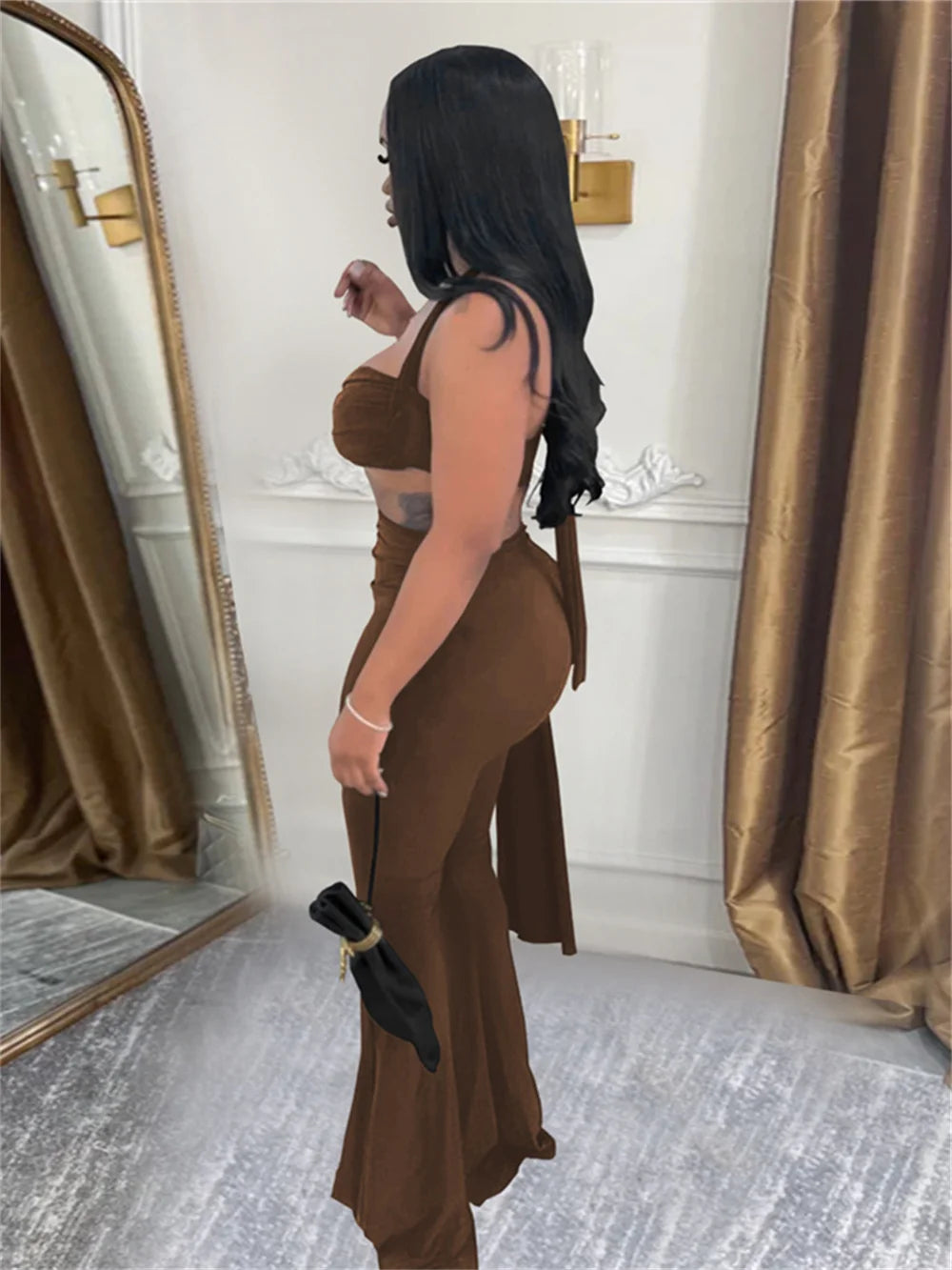 Weird Puss Ruched 2 Piece Set Women Sexy Halter Backless Bra+Metal Casp Ribbon Flared Pants Matching Party Club Stretch Outfits