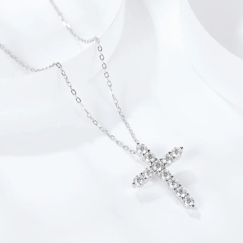 Full Moissanite Cross Pendant Necklace Original 925 Sterling Silver Chain Plated 18K White Gold Fine Necklace for Women Jewelry