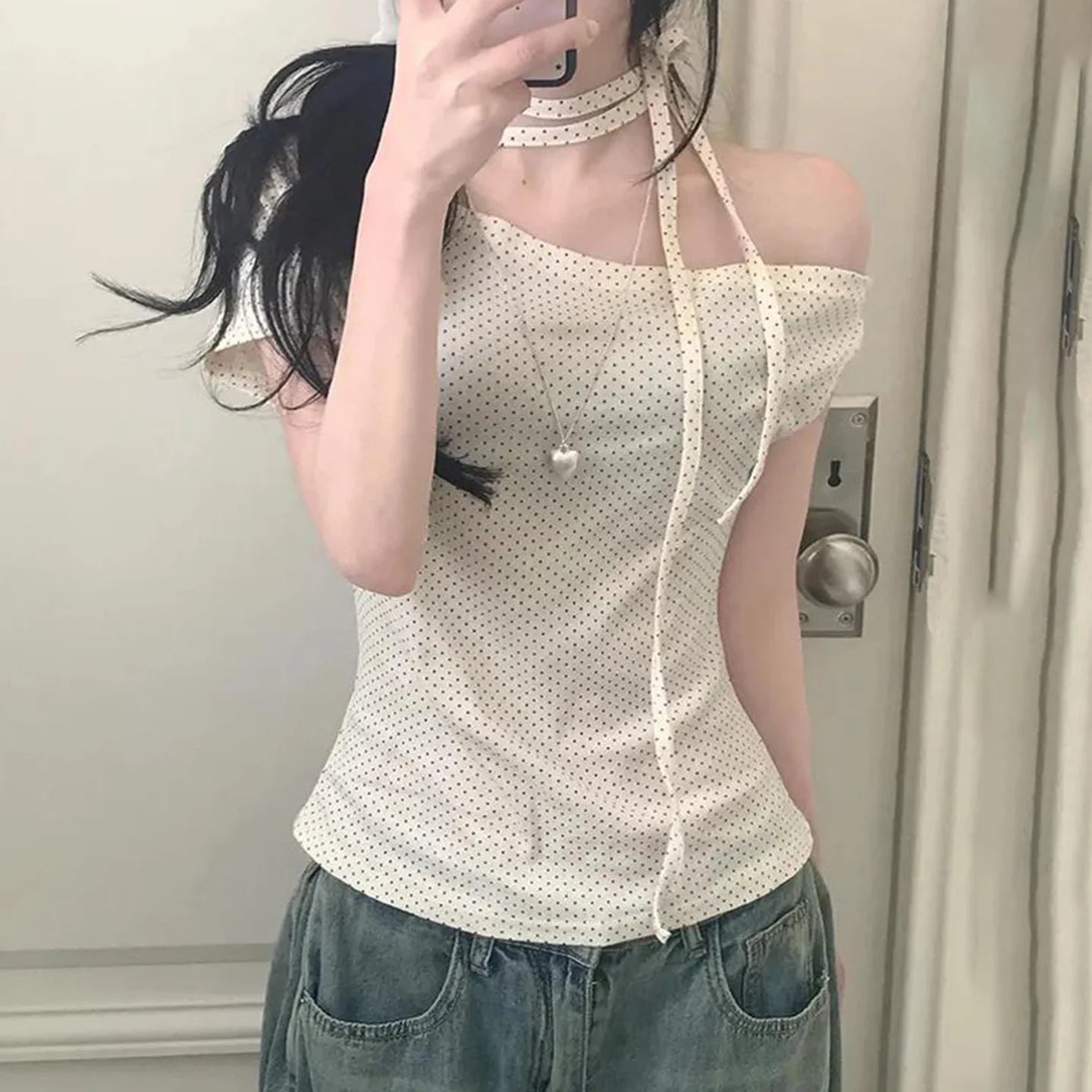 Sweet Polka Dot Prints T-Shirts Fashion Women Cute Design One-Shoulder Summer Tops Casual Korean Office Lady Commute Slim Tees