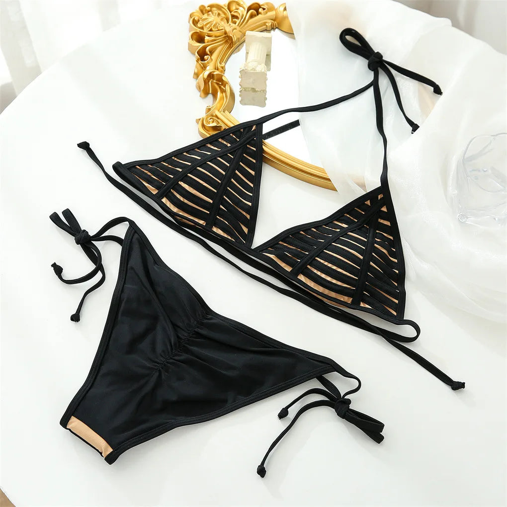 Melphieer Solid Cut Out Bikinis Women Triangle Bikini Set Ties Halter Bathing Suit Push Up Swimwear Beachwear Biquinis Maillot