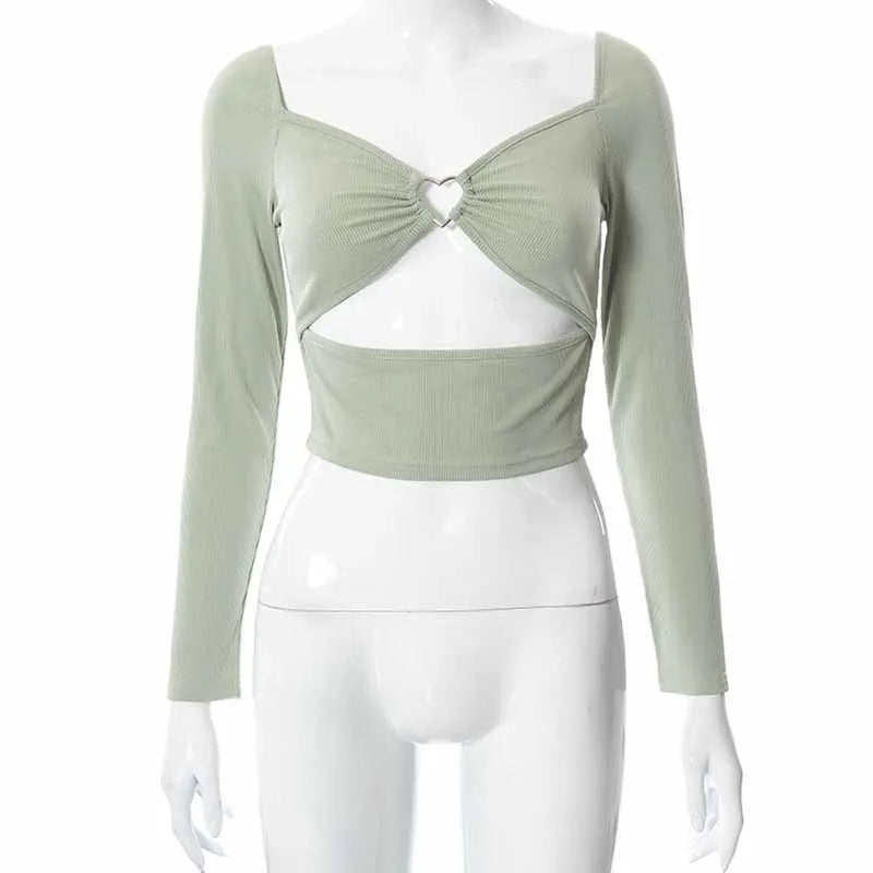Hollow-Out V-neck Long Sleeve Crop Tops Spring Fall Casual Fashion Women Square Collar Slim Ribbed T-Shirts Backless Tee