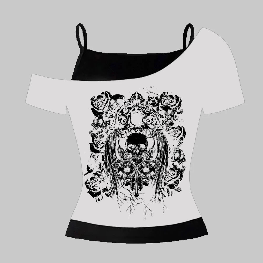 Retro gothic Fake Two-piece Printed T-shirt Women summer Y2K Streetwear Hot Girl Slim Off Shoulder Millennium Harajuku Casual