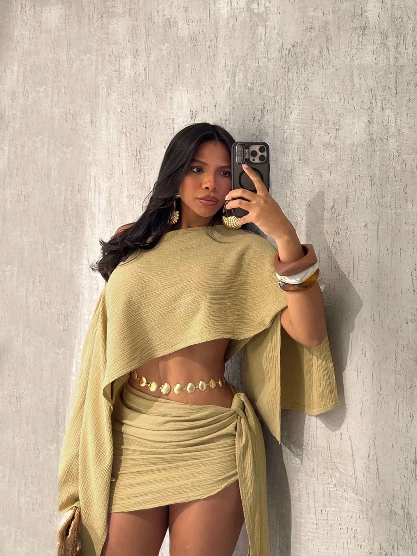 HLJ Elegant Off Showlder Two Piece Outfits Woman Summer One Shoulder Flared Sleeve Loose Crop Top and Skirt Suit Streetwear New