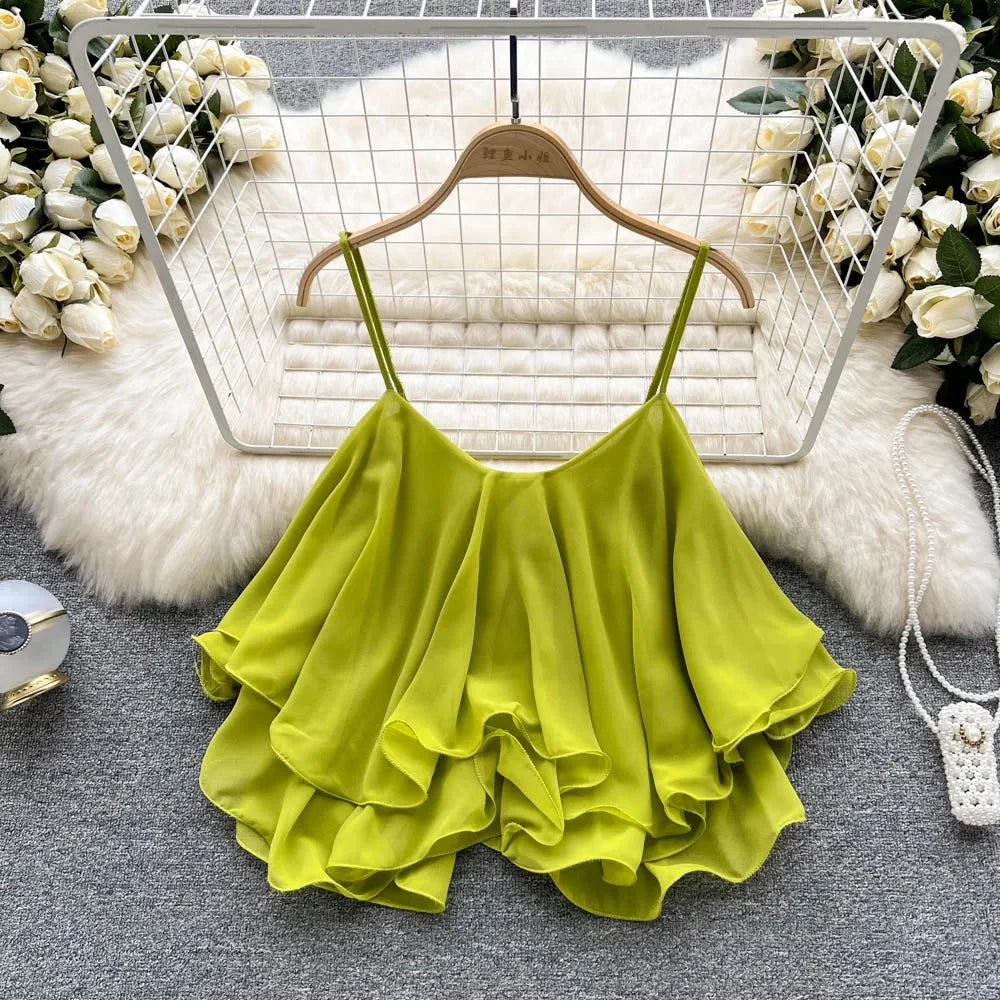 New Summer Spaghetti Straps Ruffle Sleeveless Tanks and Camis Korean Corset Crop Tops Solid Tank Camisoles Women Clothes Y2k