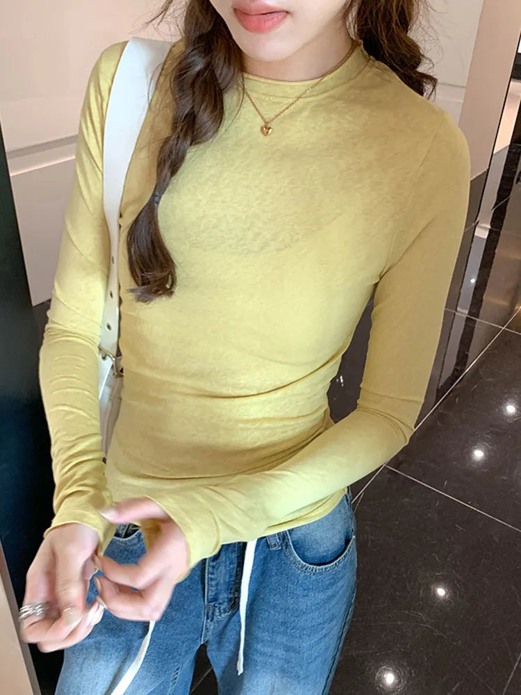 2025 Spring/Summer T-shirt Women's Top Solid Color Slimming Long Sleeve Round Neck T-shirt Women's Casual T-shirt Street Wear