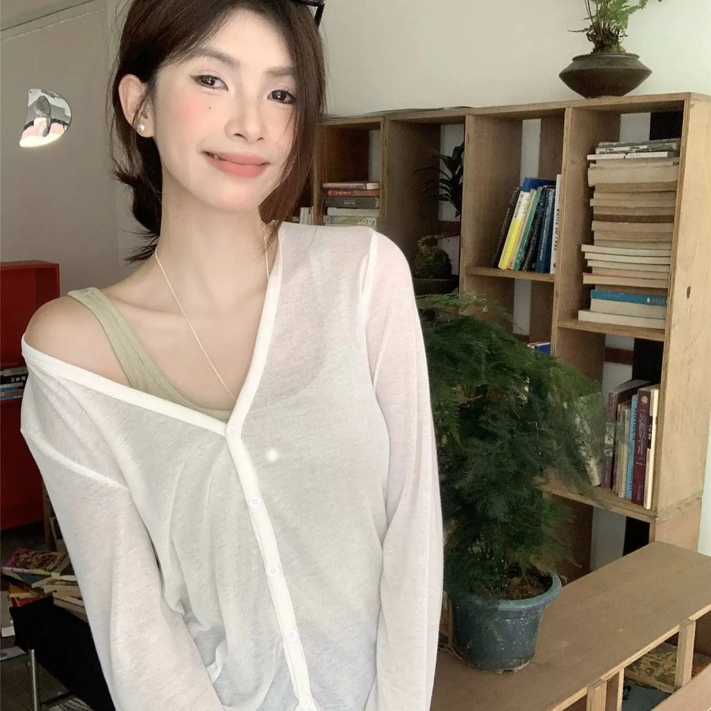 Spring Summer New Style Thin Ice Silk Open Cardigan Women's Korean Lazy V-neck Knitted Air Conditioning Outerwear Sun Protect...