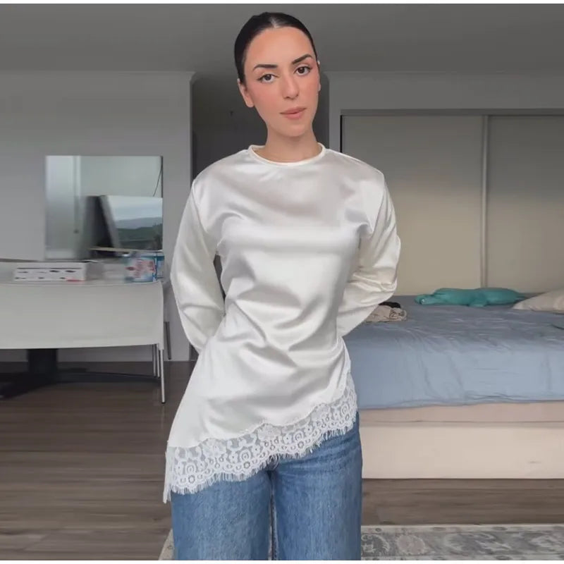 Elegant Satin Lace Patchwork Top Women O-neck Loose Long Sleeves Strappy Female shirt 2026 Spring Autumn Chic Lady T-shirt