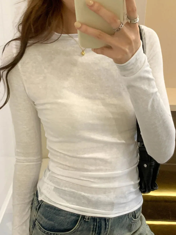 2025 Spring/Summer T-shirt Women's Top Solid Color Slimming Long Sleeve Round Neck T-shirt Women's Casual T-shirt Street Wear