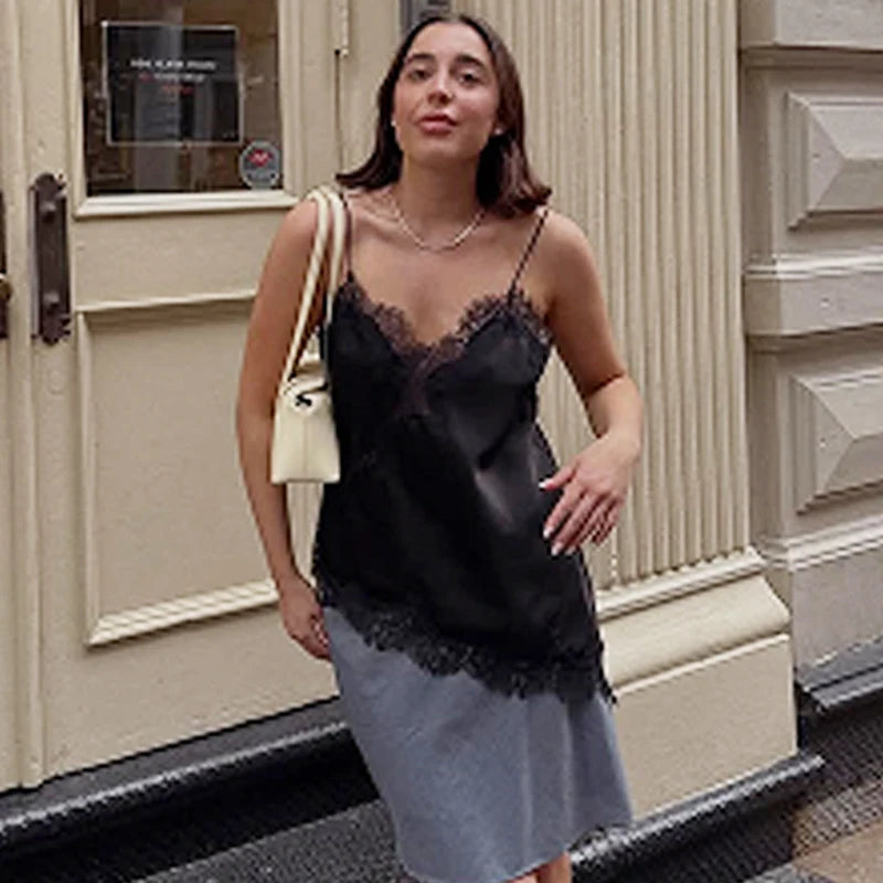 HXAO Asymmetrical Slip Top Women Summer 2025 Y2K Tanks & Camis Lace Black Off Shoulder Top Elegant Sleeveless Backless Camisole