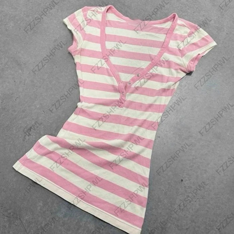 Y2K Women Short Sleeve T-Shirt Striped Aesthetic Harajuku Street Punk High Street Trash Emo Girls Daily Casual Commuter Crop Top