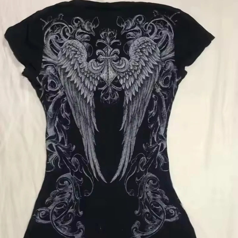 2026 European and American style Y2K slim-fitting short-sleeved printed top T-shirt, fashionable and retro women's clothing for