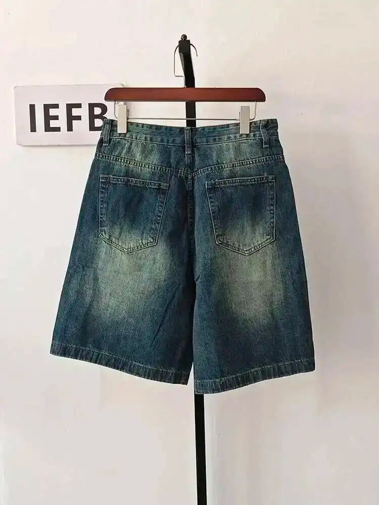 IEFB Summer Denim Shorts Men's Loose Korean Style Retro Short Jeans Fashion Washed Casual Knee Length Pant New Streetwear 9A8588