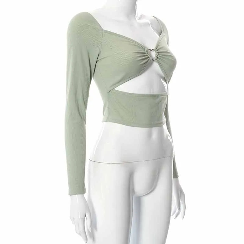 Hollow-Out V-neck Long Sleeve Crop Tops Spring Fall Casual Fashion Women Square Collar Slim Ribbed T-Shirts Backless Tee