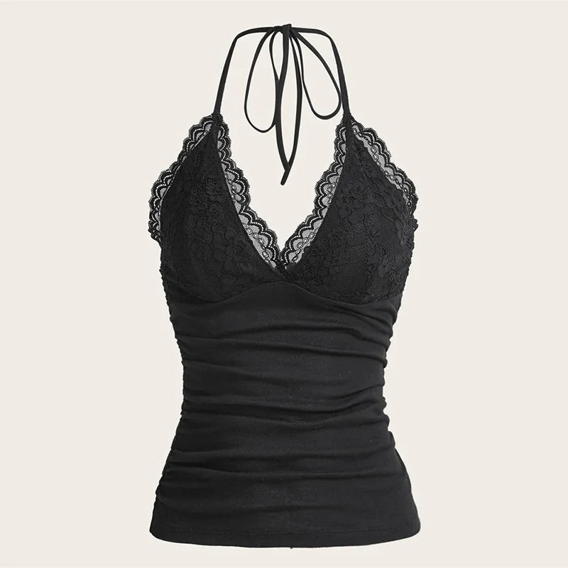 Goth Grunge Punk Black Lace Patchwork Halter Top Women Summer Solid Ruched Backless Sleeveless Tank Top Streetwear Y2K Clothes