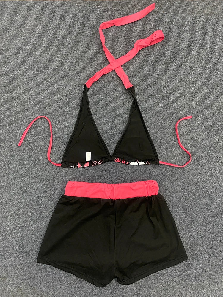 Summer Beach Ins Fashion Hot Sexy Ladies Split Two Piece Bikini Beautiful Vintage Contrast Flower Print Suspender Bra Shorts Set