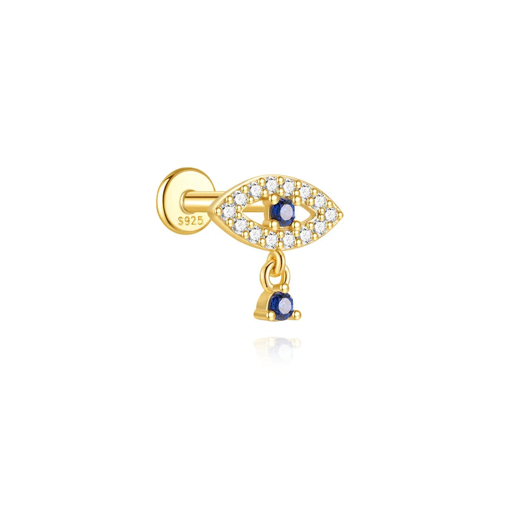 CANNER 1PC 925 Sterling Silver Crown Horse Eye Zircon Heart Flat Head Cartilage Piercing Stud Earring For Women Claasic Earring