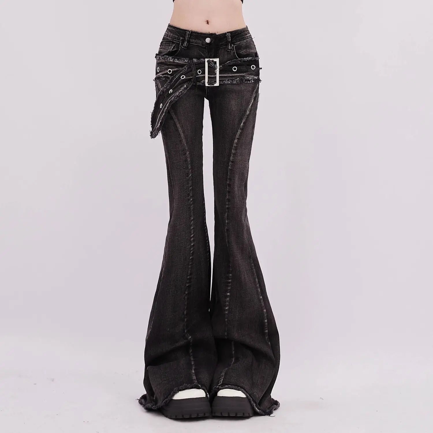 Vintage Slim Micro-flare Jeans Women Ins Fashionable Splicing Belt Edge Y2K Pants High Waist Straight American Street Trousers