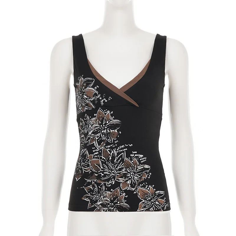 Retro Y2K Vintage Floral Camisole Women's Bold Color Block Strappy Sleeveless Chic Summer Fashion Tops