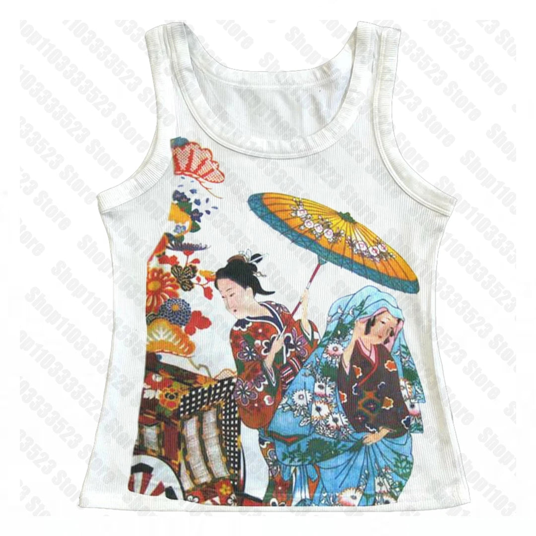 Harajuku Gothic Retro Y2K Style Crop Top Graphics Print Tank Vintage Aesthetic Grunge Short Sleeve Tanks Women Streetwear Vest