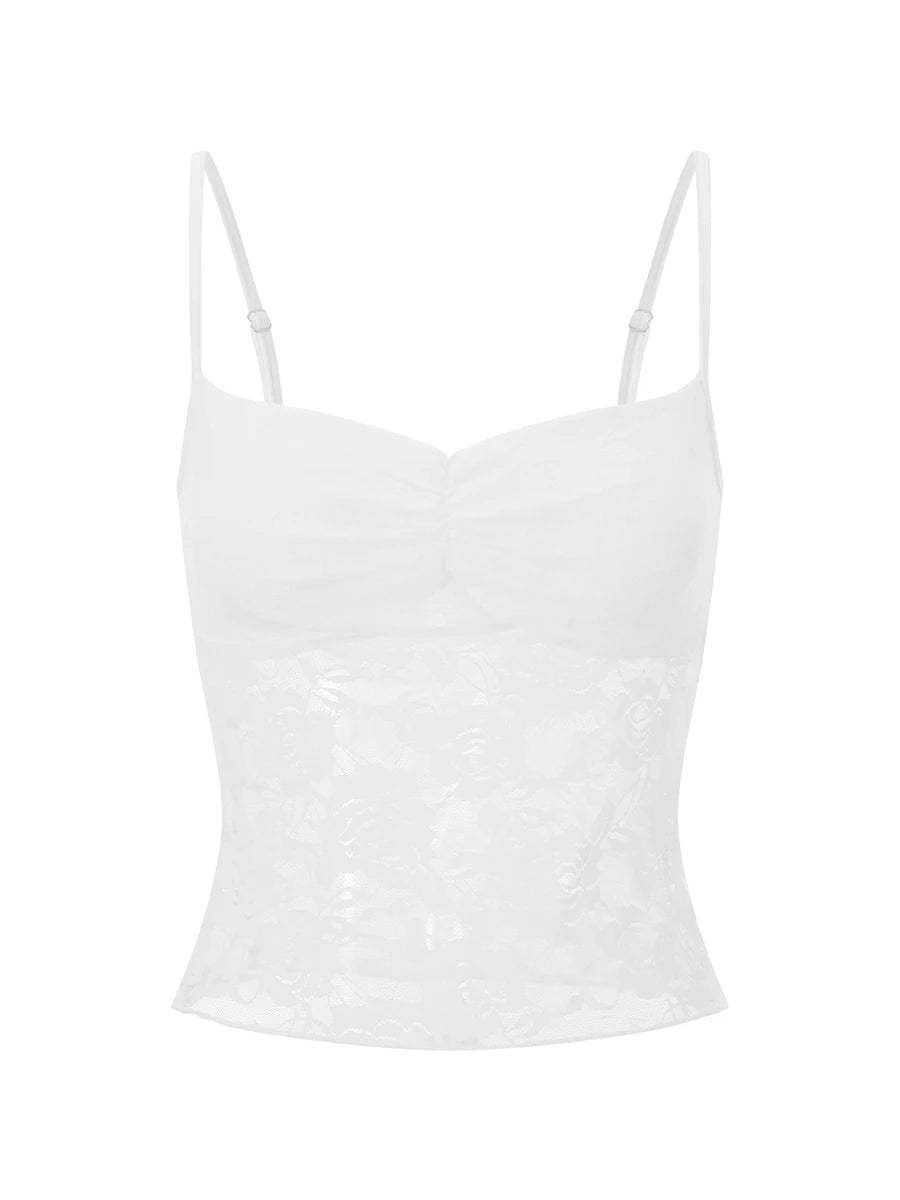 Women's Summer Lace Cami Tops Sleeveless Ruched Front Solid Color Camisole Slim Fit Tank Tops