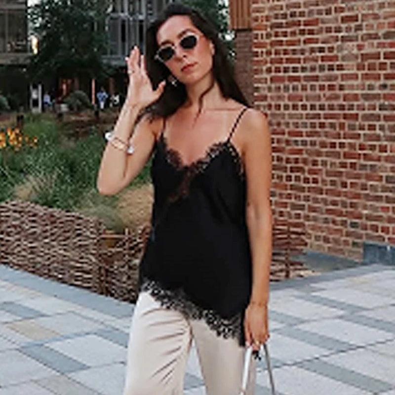 HXAO Asymmetrical Slip Top Women Summer 2025 Y2K Tanks & Camis Lace Black Off Shoulder Top Elegant Sleeveless Backless Camisole