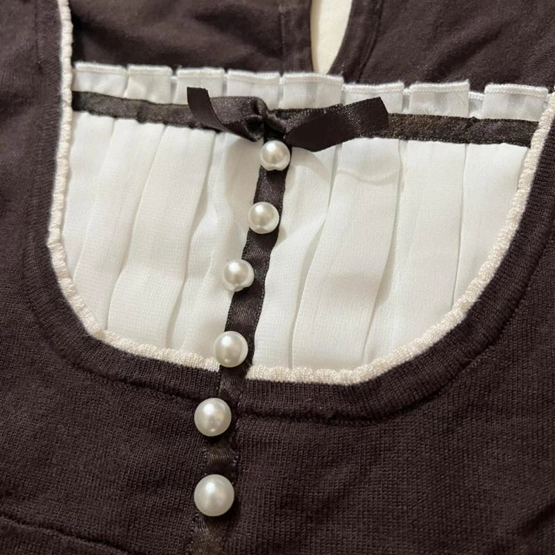 Harajuku Grunge T-shirt Women Korean Preppy Style Kawaii Bow Crop Top Vintage Patchwork Square Collare Puff Sleeve Milkmaid Top