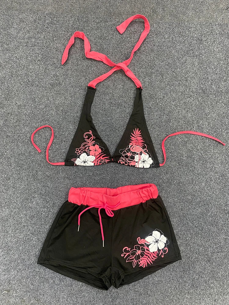 Summer Beach Ins Fashion Hot Sexy Ladies Split Two Piece Bikini Beautiful Vintage Contrast Flower Print Suspender Bra Shorts Set