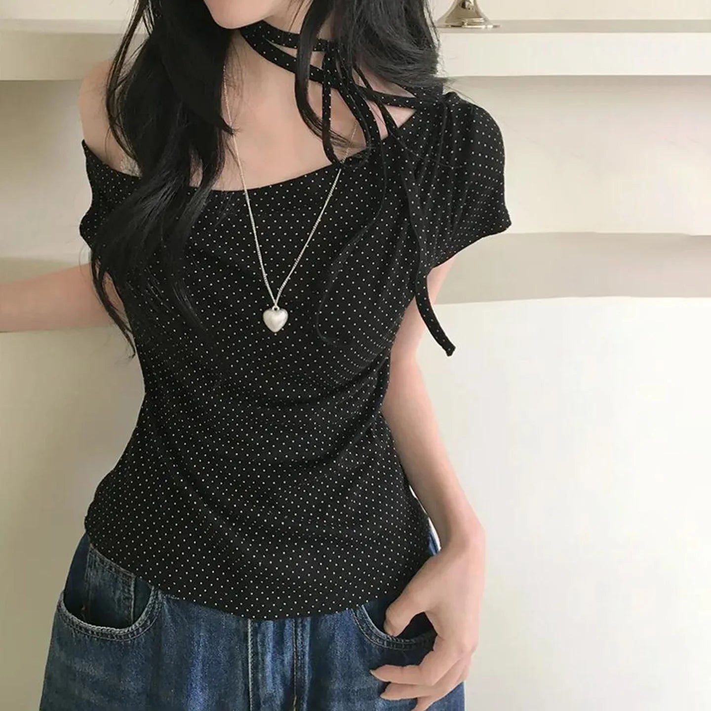 Sweet Polka Dot Prints T-Shirts Fashion Women Cute Design One-Shoulder Summer Tops Casual Korean Office Lady Commute Slim Tees
