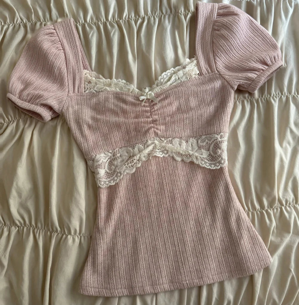 Summer Lace Patchwork Coquette T-shirt Ribbed Knit Slim Fit Milkmaid Tees Women Short Sleeve Y2k Grunge Crop Tops Aesthetic