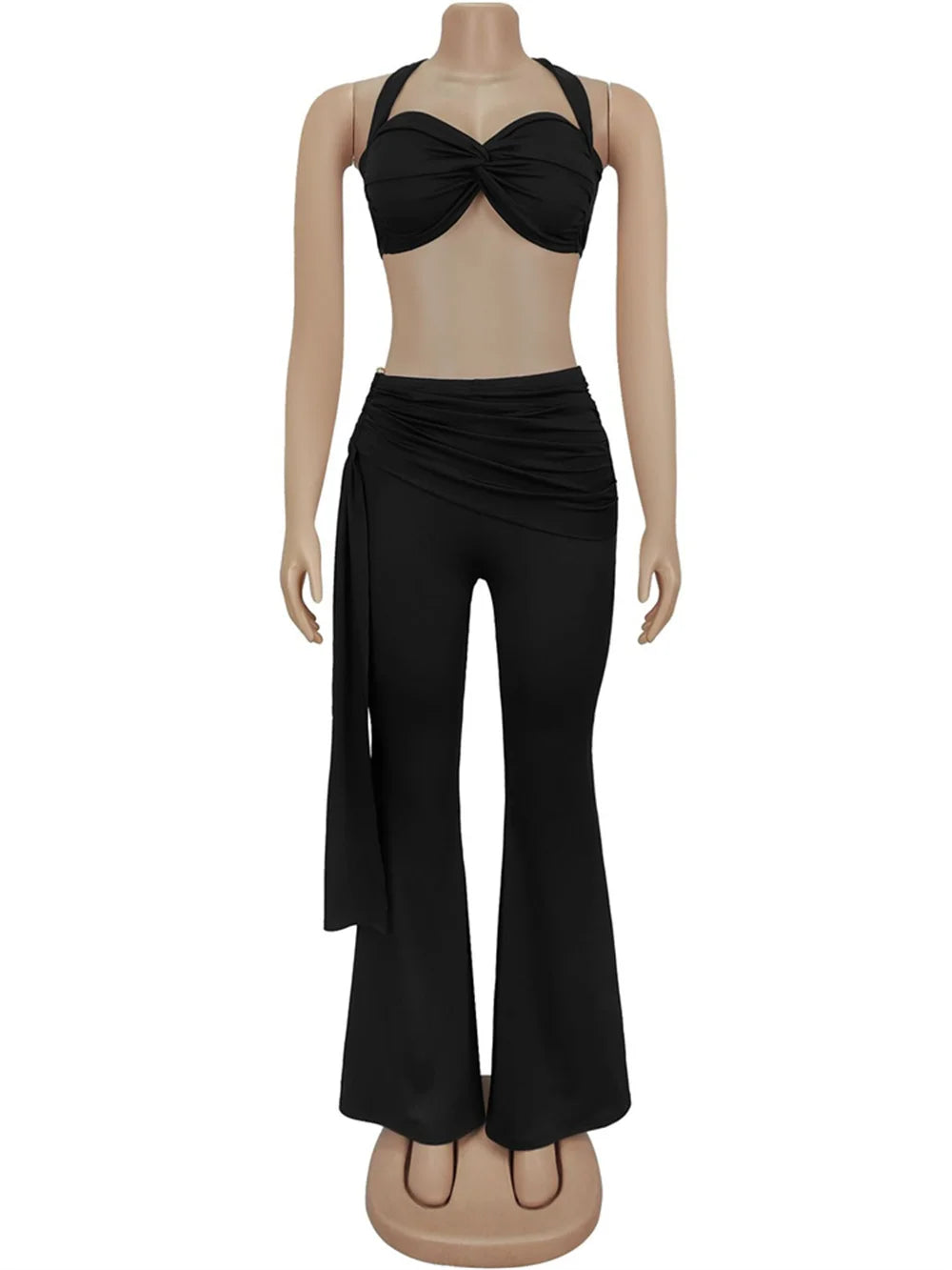 Weird Puss Ruched 2 Piece Set Women Sexy Halter Backless Bra+Metal Casp Ribbon Flared Pants Matching Party Club Stretch Outfits