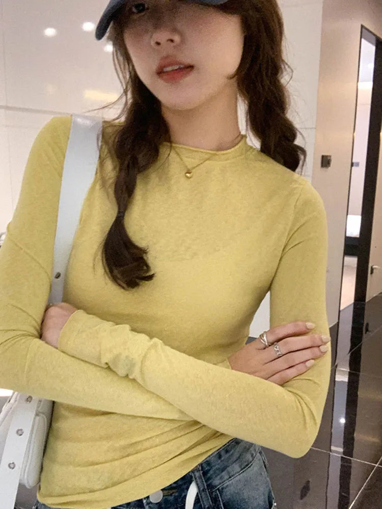 2025 Spring/Summer T-shirt Women's Top Solid Color Slimming Long Sleeve Round Neck T-shirt Women's Casual T-shirt Street Wear