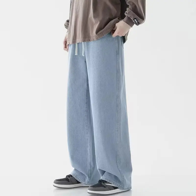 Light Wash Men's Drawstring Jeans Loose Straight Leg Floor-Length Trendy Casual Wide Leg Long Trousers Comfortable Fit