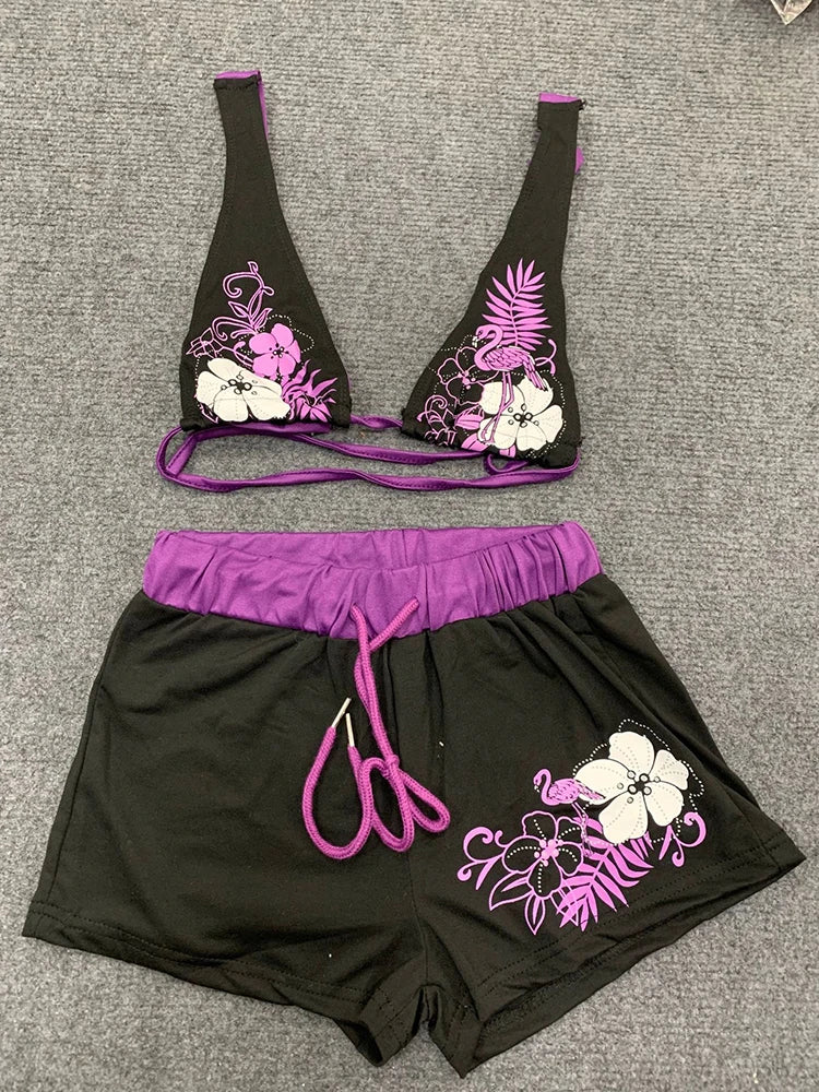 Summer Beach Ins Fashion Hot Sexy Ladies Split Two Piece Bikini Beautiful Vintage Contrast Flower Print Suspender Bra Shorts Set